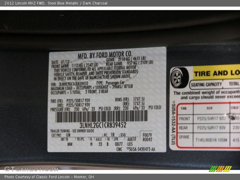 Steel Blue Metallic / Dark Charcoal 2012 Lincoln MKZ FWD