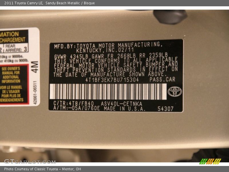 Sandy Beach Metallic / Bisque 2011 Toyota Camry LE