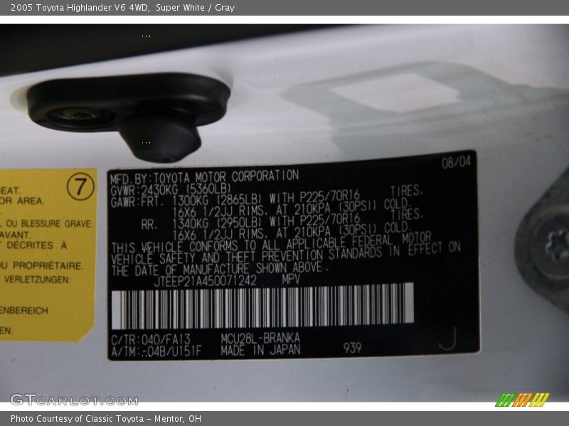 Super White / Gray 2005 Toyota Highlander V6 4WD