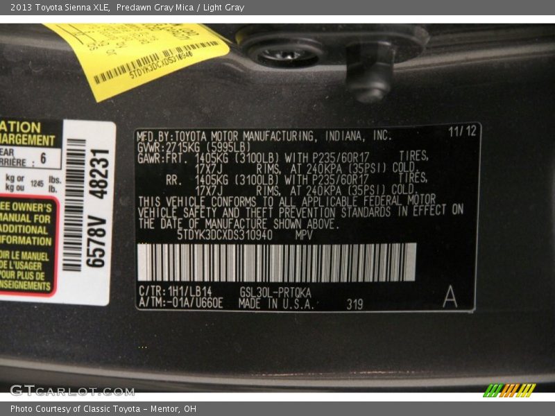 Predawn Gray Mica / Light Gray 2013 Toyota Sienna XLE