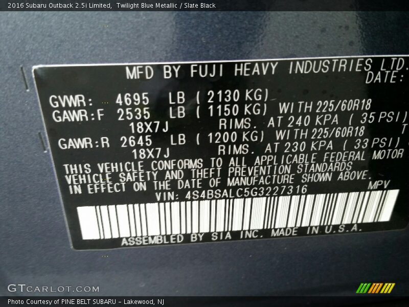 Twilight Blue Metallic / Slate Black 2016 Subaru Outback 2.5i Limited