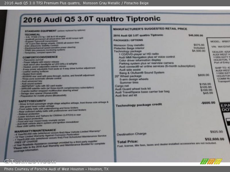 Monsoon Gray Metallic / Pistachio Beige 2016 Audi Q5 3.0 TFSI Premium Plus quattro