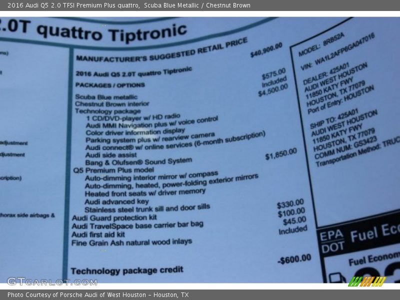  2016 Q5 2.0 TFSI Premium Plus quattro Window Sticker