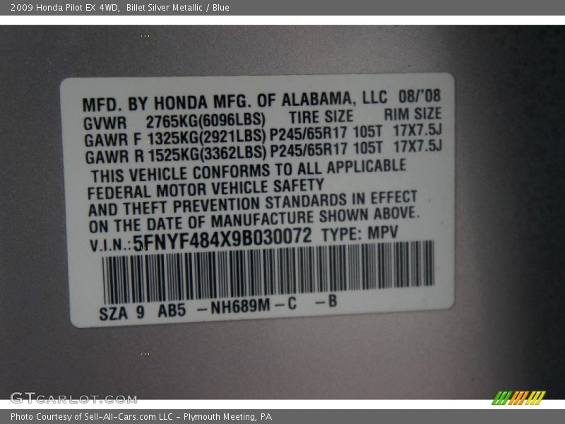 Billet Silver Metallic / Blue 2009 Honda Pilot EX 4WD