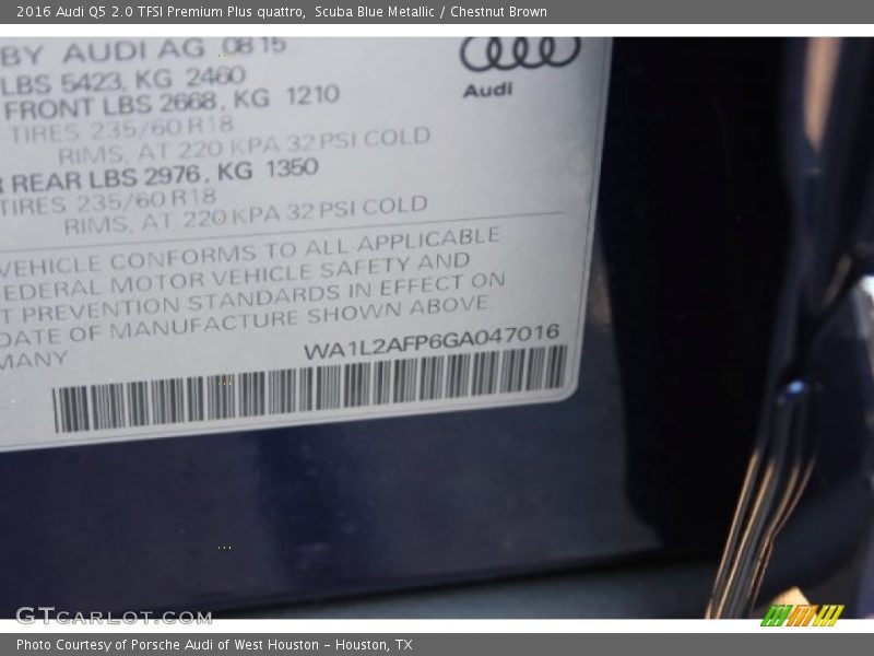 Scuba Blue Metallic / Chestnut Brown 2016 Audi Q5 2.0 TFSI Premium Plus quattro