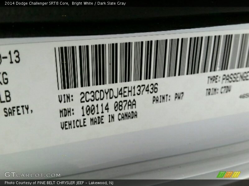 Bright White / Dark Slate Gray 2014 Dodge Challenger SRT8 Core