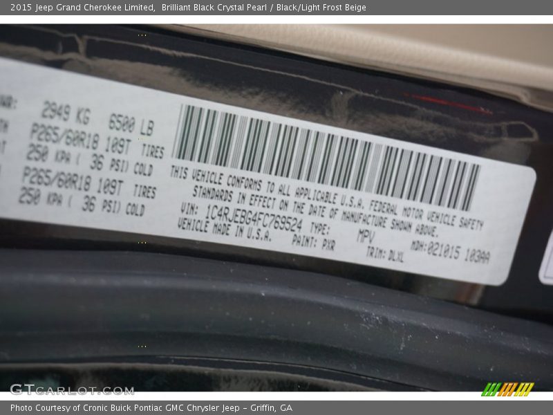 Brilliant Black Crystal Pearl / Black/Light Frost Beige 2015 Jeep Grand Cherokee Limited