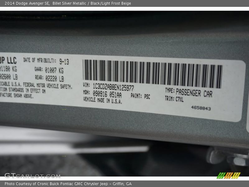 Billet Silver Metallic / Black/Light Frost Beige 2014 Dodge Avenger SE
