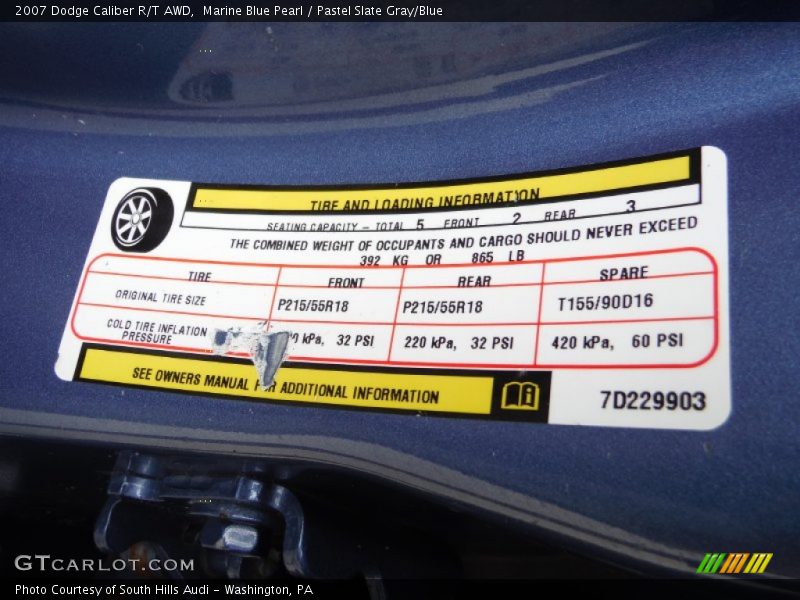 Marine Blue Pearl / Pastel Slate Gray/Blue 2007 Dodge Caliber R/T AWD