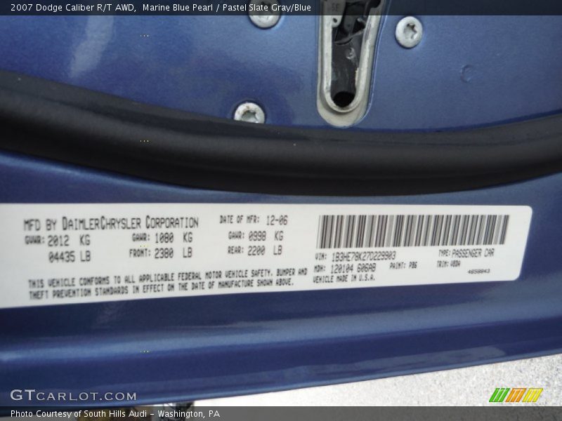 Marine Blue Pearl / Pastel Slate Gray/Blue 2007 Dodge Caliber R/T AWD