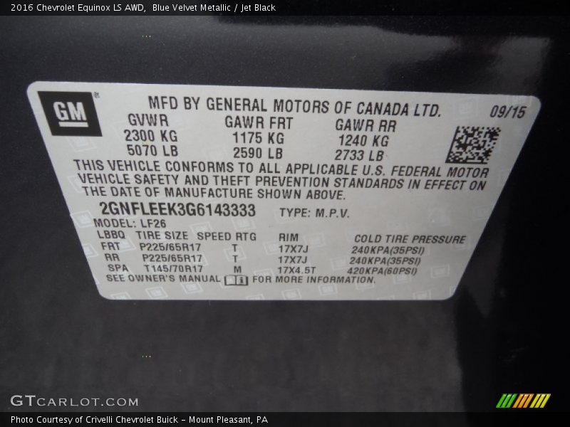 Blue Velvet Metallic / Jet Black 2016 Chevrolet Equinox LS AWD