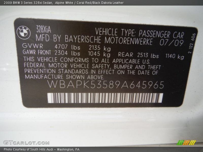 Alpine White / Coral Red/Black Dakota Leather 2009 BMW 3 Series 328xi Sedan