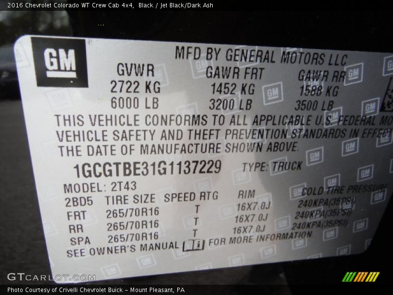 Black / Jet Black/Dark Ash 2016 Chevrolet Colorado WT Crew Cab 4x4