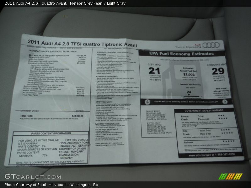  2011 A4 2.0T quattro Avant Window Sticker