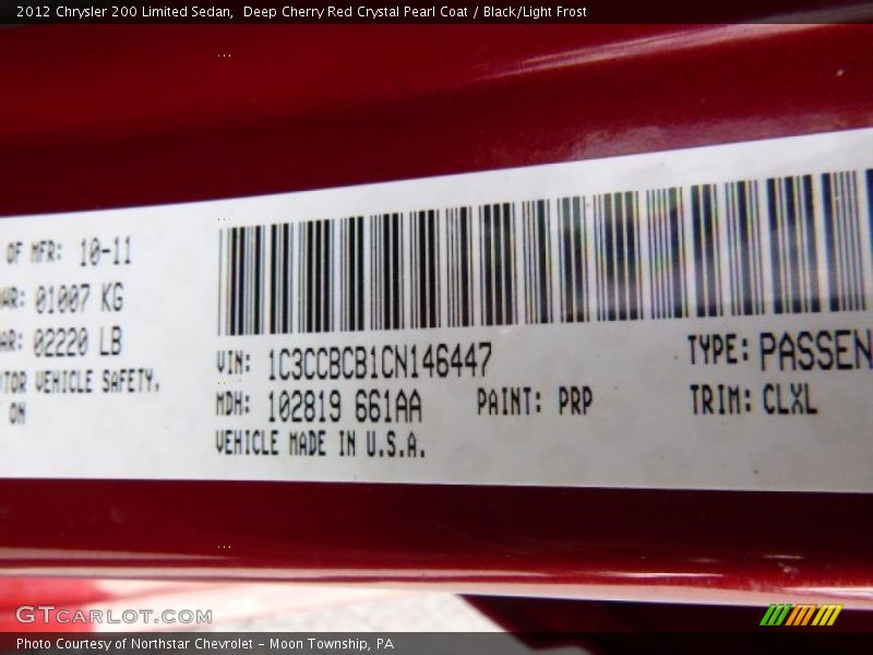 Deep Cherry Red Crystal Pearl Coat / Black/Light Frost 2012 Chrysler 200 Limited Sedan