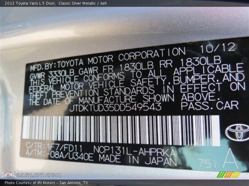 Classic Silver Metallic / Ash 2013 Toyota Yaris L 5 Door