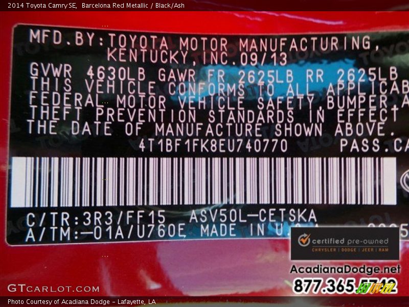 Barcelona Red Metallic / Black/Ash 2014 Toyota Camry SE