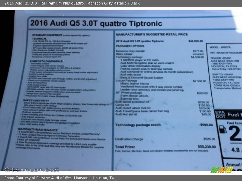 Monsoon Gray Metallic / Black 2016 Audi Q5 3.0 TFSI Premium Plus quattro