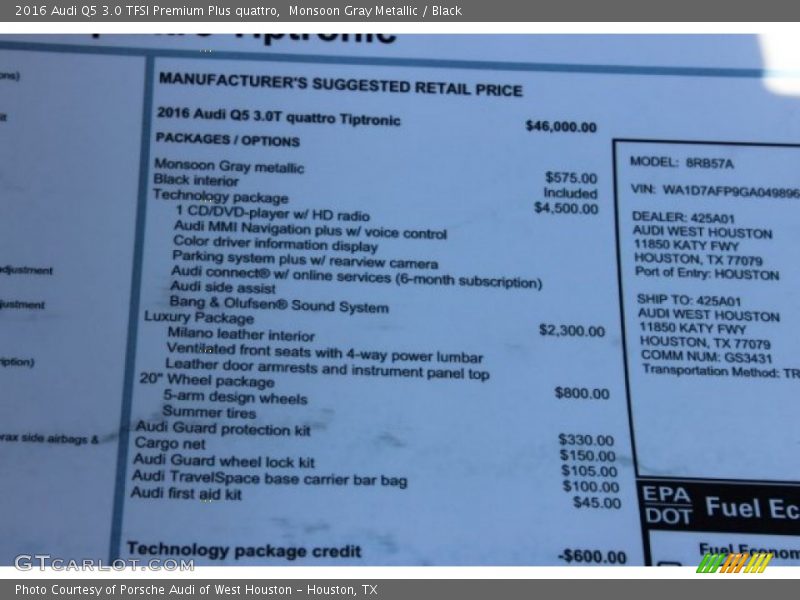 Monsoon Gray Metallic / Black 2016 Audi Q5 3.0 TFSI Premium Plus quattro