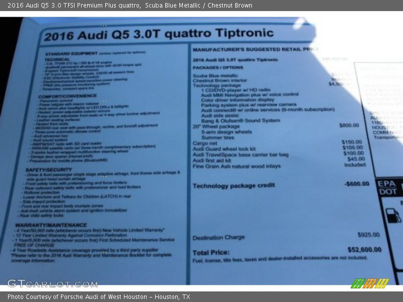 Scuba Blue Metallic / Chestnut Brown 2016 Audi Q5 3.0 TFSI Premium Plus quattro