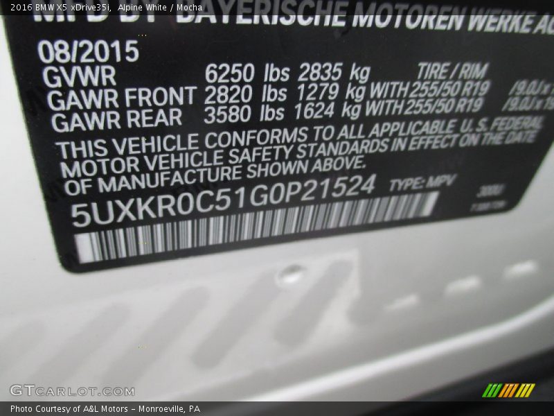 Alpine White / Mocha 2016 BMW X5 xDrive35i