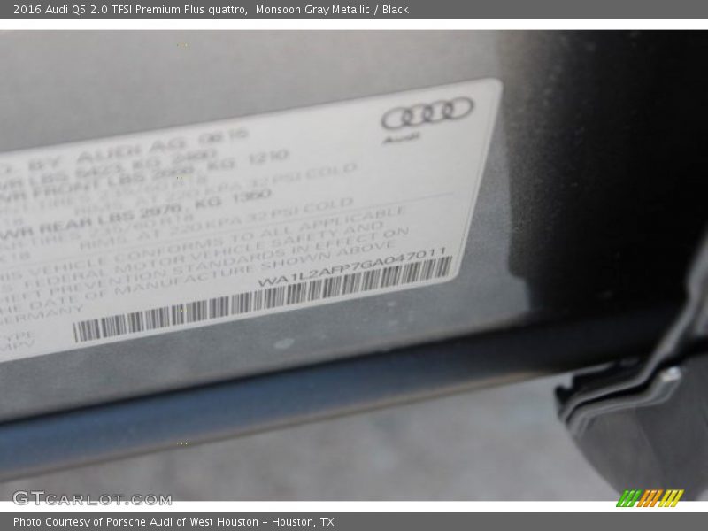 Monsoon Gray Metallic / Black 2016 Audi Q5 2.0 TFSI Premium Plus quattro