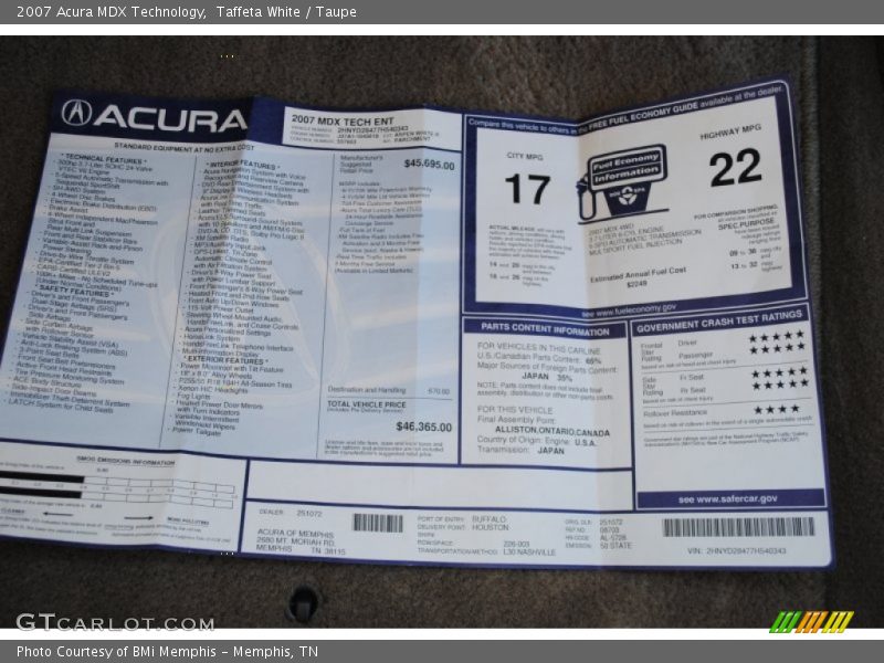 Taffeta White / Taupe 2007 Acura MDX Technology
