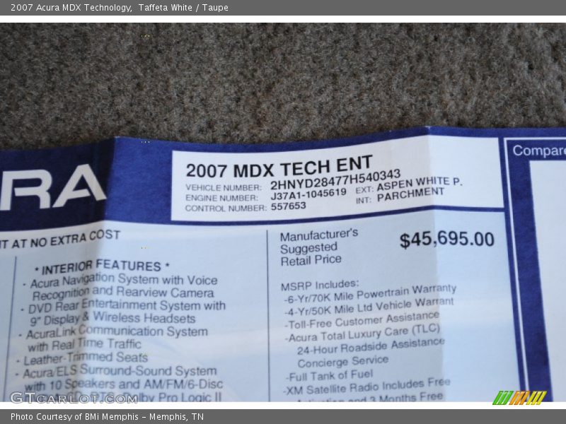 Taffeta White / Taupe 2007 Acura MDX Technology