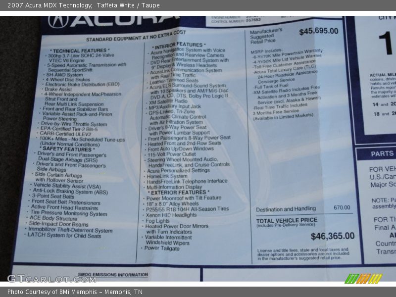 Taffeta White / Taupe 2007 Acura MDX Technology