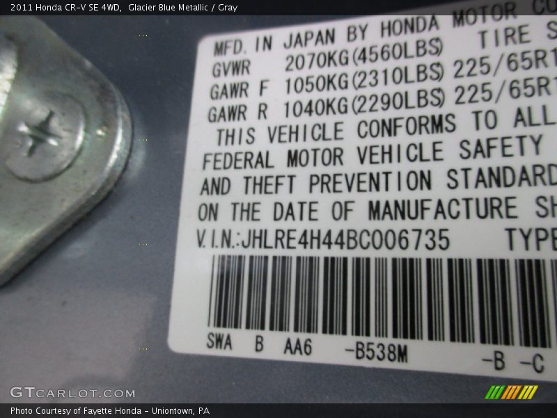 Glacier Blue Metallic / Gray 2011 Honda CR-V SE 4WD