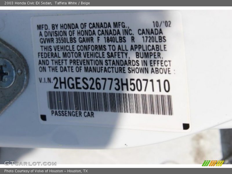 Taffeta White / Beige 2003 Honda Civic EX Sedan