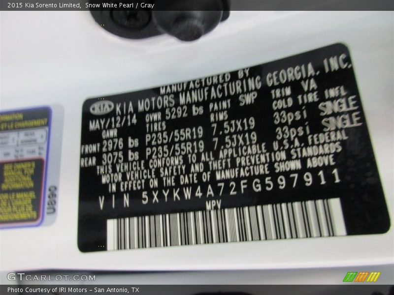 2015 Sorento Limited Snow White Pearl Color Code SWP