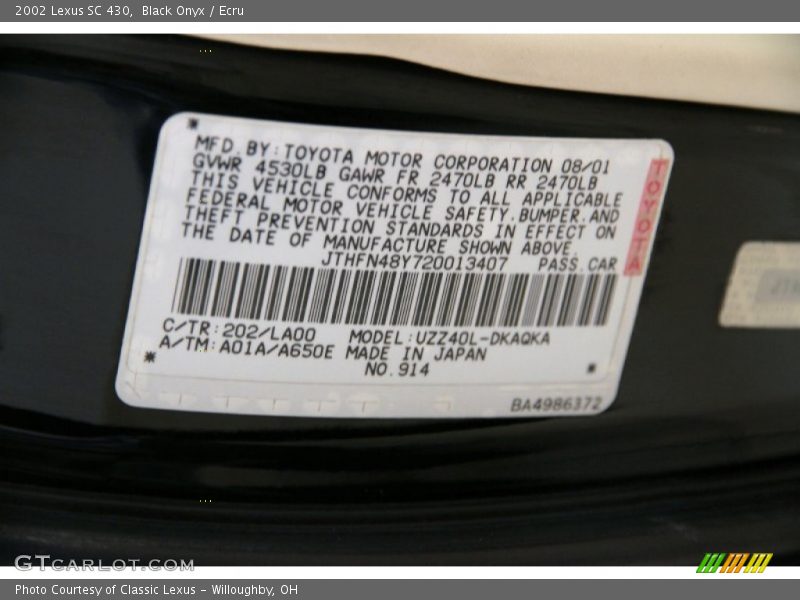 Black Onyx / Ecru 2002 Lexus SC 430
