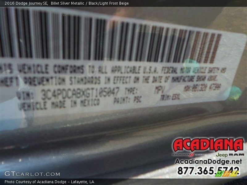 Billet Silver Metallic / Black/Light Frost Beige 2016 Dodge Journey SE