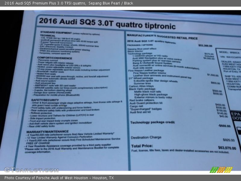 Sepang Blue Pearl / Black 2016 Audi SQ5 Premium Plus 3.0 TFSI quattro