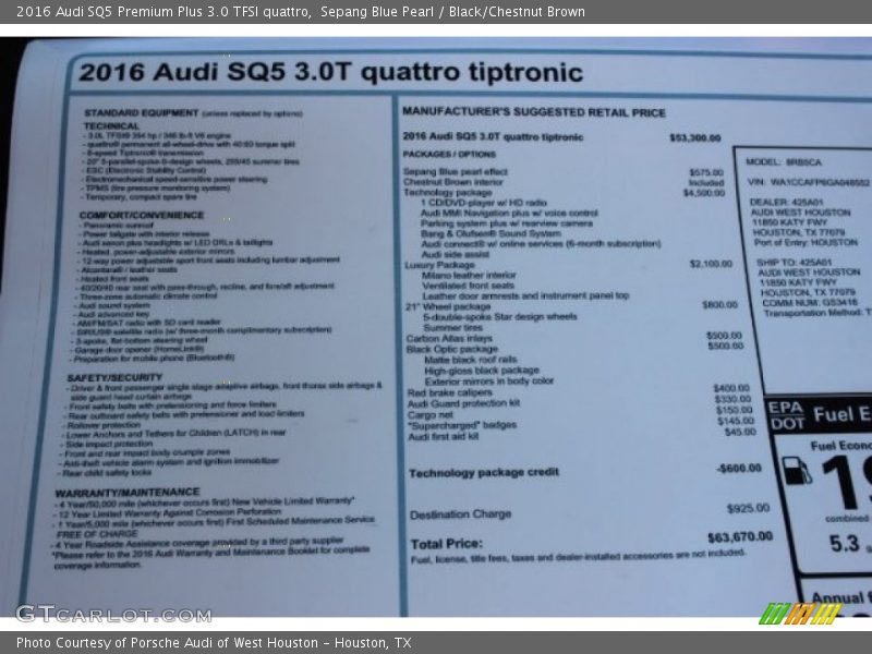 Sepang Blue Pearl / Black/Chestnut Brown 2016 Audi SQ5 Premium Plus 3.0 TFSI quattro