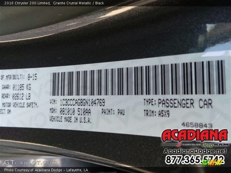 Granite Crystal Metallic / Black 2016 Chrysler 200 Limited