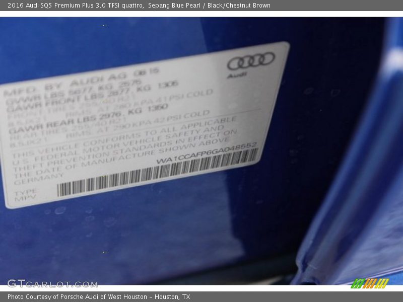 Sepang Blue Pearl / Black/Chestnut Brown 2016 Audi SQ5 Premium Plus 3.0 TFSI quattro