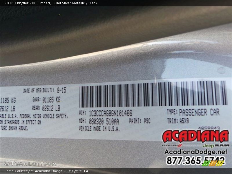 Billet Silver Metallic / Black 2016 Chrysler 200 Limited