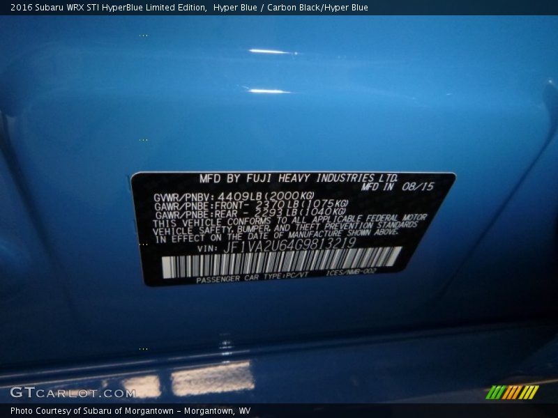 Info Tag of 2016 WRX STI HyperBlue Limited Edition