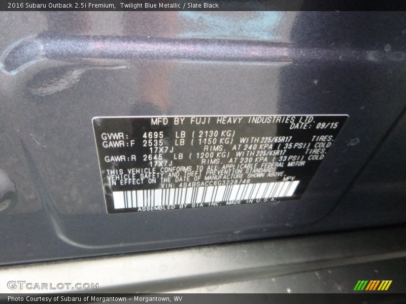 Twilight Blue Metallic / Slate Black 2016 Subaru Outback 2.5i Premium