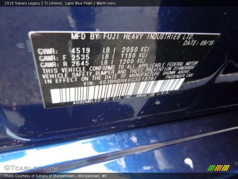 Lapis Blue Pearl / Warm Ivory 2016 Subaru Legacy 2.5i Limited