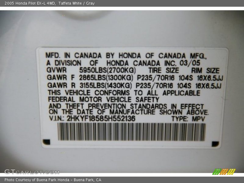 Taffeta White / Gray 2005 Honda Pilot EX-L 4WD