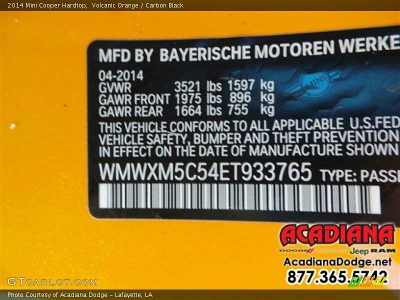 Volcanic Orange / Carbon Black 2014 Mini Cooper Hardtop