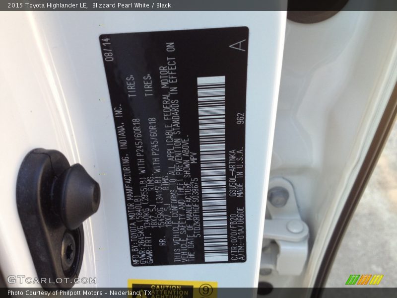 Blizzard Pearl White / Black 2015 Toyota Highlander LE