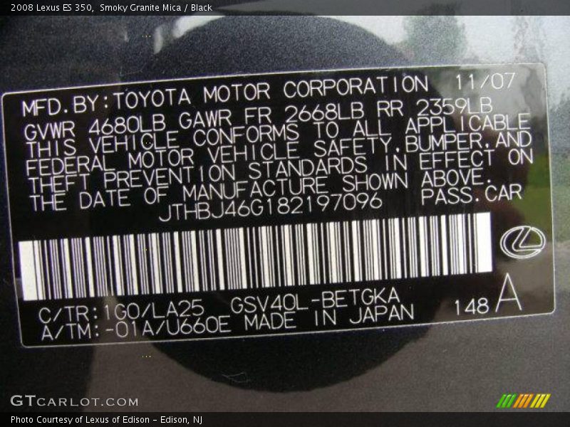 Smoky Granite Mica / Black 2008 Lexus ES 350