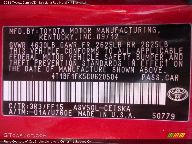 Barcelona Red Metallic / Black/Ash 2012 Toyota Camry SE