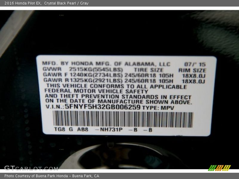 Crystal Black Pearl / Gray 2016 Honda Pilot EX