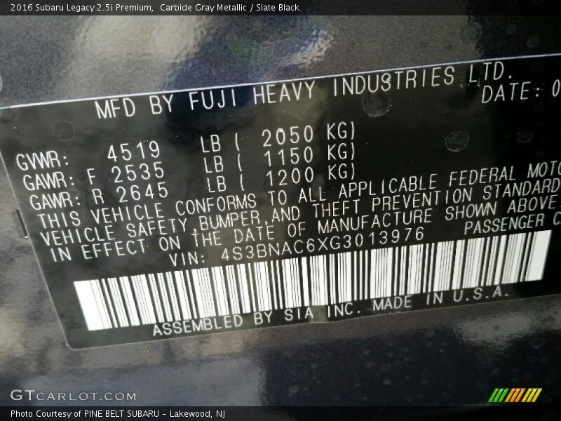 Carbide Gray Metallic / Slate Black 2016 Subaru Legacy 2.5i Premium