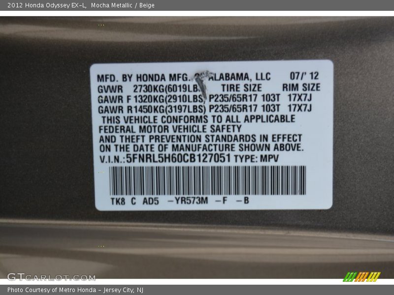 Mocha Metallic / Beige 2012 Honda Odyssey EX-L